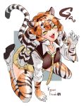  1girl animal_ears animal_print arm_support bangs black_hair bow collarbone collared_shirt copyright_name eyebrows_visible_through_hair fang full_body gao garter_straps gloves hair_bow hand_up highres japari_symbol kemono_friends kneeling long_hair looking_at_viewer low-tied_long_hair mabbakmoe miniskirt multicolored_hair necktie onomatopoeia open_mouth orange_hair outstretched_arm plaid plaid_bow plaid_neckwear plaid_skirt print_gloves print_legwear shirt shoe_soles shoes siberian_tiger_(kemono_friends) sidelocks skirt smile solo spread_legs striped striped_tail sweater_vest tail thigh-highs tiger_ears tiger_tail twintails upper_teeth white_hair yellow_eyes zettai_ryouiki 