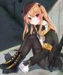  1girl animal armband bangs black_bow black_cat black_footwear black_gloves black_jacket black_legwear black_ribbon blush boots bow cat closed_mouth commentary_request day eyebrows_visible_through_hair fingerless_gloves girls_frontline gloves grey_skirt gun h&amp;k_ump9 hair_between_eyes hair_bow head_tilt jacket light_brown_hair long_hair long_sleeves looking_at_viewer mizuki_ryuu neck_ribbon object_namesake on_shoulder open_clothes open_jacket outdoors pantyhose pleated_skirt red_eyes ribbon scar scar_across_eye sitting skirt solo twintails ump9_(girls_frontline) very_long_hair weapon white_cat 