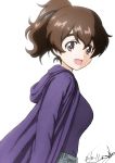  1girl :d artist_name bangs black_ribbon brown_eyes brown_hair bukkuri casual dated eyebrows_visible_through_hair from_side girls_und_panzer grey_pants hair_ribbon hood hoodie jacket koyama_yuzu long_sleeves looking_at_viewer open_clothes open_jacket open_mouth pants purple_jacket purple_shirt ribbon shirt short_hair short_ponytail signature simple_background smile solo standing upper_body white_background 