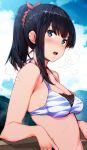  1girl bikini_top black_hair blush breasts breath cleavage day eyebrows_visible_through_hair halterneck highres kurowa leaning_back medium_breasts medium_hair open_mouth outdoors ponytail single_sidelock solo ssss.gridman striped_bikini_top sweat takarada_rikka violet_eyes 