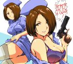 1girl arm_up ass blue_dress blue_eyes blue_hat bra breasts brown_eyes brown_hair collarbone commentary_request double-breasted dress eyebrows_visible_through_hair eyes_visible_through_hair garter_straps gun hair_over_one_eye handgun hat heterochromia holding holding_gun holding_weapon looking_at_viewer lying medium_breasts multiple_views nurse nurse_cap on_side open_clothes open_mouth original panties pistol puffy_sleeves purple_bra purple_panties short_sleeves skirt smile teeth thigh-highs thighs underwear weapon white_legwear yuya 