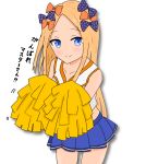  1girl abigail_williams_(fate/grand_order) alternate_costume atsumisu bangs blonde_hair blue_eyes blue_skirt bow breasts cheerleader closed_mouth collarbone commentary_request cowboy_shot eyebrows_visible_through_hair fate/grand_order fate_(series) forehead hair_bow highres holding leaning_forward long_hair looking_at_viewer orange_bow parted_bangs pleated_skirt polka_dot polka_dot_bow pom_poms purple_bow shadow shirt skirt sleeveless sleeveless_shirt small_breasts smile solo standing translated very_long_hair white_background white_shirt 