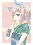1girl aoba_moca aqua_eyes arm_warmers bang_dream! blue_bow blue_ribbon bow collared_shirt e20 earrings frills from_side green_shirt grey_hair hair_ribbon hand_to_own_mouth heart heart_earrings jewelry looking_at_viewer open_mouth overalls pendant plaid plaid_shirt ribbon shirt short_hair short_sleeves short_twintails smile solo twintails upper_body yellow_outline