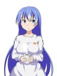  1girl blue_eyes blue_hair casual cato_(monocatienus) coffee coffee_mug commentary cup holding holding_cup kamishirasawa_keine long_hair long_sleeves mug multicolored_hair no_hat no_headwear shirt simple_background solo touhou two-tone_hair upper_body white_background 