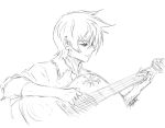  1girl character_request closed_mouth collared_shirt commentary_request copyright_request greyscale guitar holding holding_instrument instrument lineart long_sleeves mitsugu monochrome music playing_instrument profile shirt short_hair simple_background smile solo white_background 