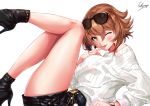  1girl anchor artist_name black_footwear blush boots breasts brown_hair eyewear_on_head finger_to_mouth from_side gloves green_eyes grin hair_between_eyes heart high_heels kantai_collection large_breasts leg_up lips long_sleeves looking_at_viewer lying mutsu_(kantai_collection) on_back one_eye_closed ribbed_sweater sakiyamama short_hair simple_background smile solo sunglasses sweater thigh-highs white_background white_sweater 