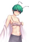  1girl alternate_costume antennae bangs bare_shoulders breasts camisole casual collarbone commentary contemporary cowboy_shot ear_piercing english_commentary erect_nipples eyebrows_visible_through_hair green_eyes green_hair grey_pants groin hair_between_eyes hater_(hatater) head_tilt highres long_sleeves looking_at_viewer midriff navel off_shoulder open_clothes open_shirt pants piercing short_hair simple_background small_breasts solo spaghetti_strap stomach touhou very_short_hair white_background wriggle_nightbug 