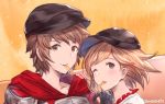  1boy 1girl black_hat blonde_hair brown_eyes brown_hair collarbone couple djeeta_(granblue_fantasy) floating_hair gran_(granblue_fantasy) granblue_fantasy hat highres milli_little one_eye_closed portrait short_hair twitter_username 