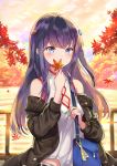  1girl autumn_leaves bag bare_shoulders bow breasts brown_jacket cleavage cleavage_cutout commentary_request highres holding holding_leaf jacket leaf long_hair maple_leaf mosta_(lo1777789) off_shoulder open_clothes open_jacket original purple_hair shirt shoulder_bag sleeveless sleeveless_shirt small_breasts solo very_long_hair violet_eyes white_bow white_shirt 