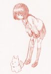  1girl commentary_request dog full_body holding_leash kneehighs leaning_forward leash loafers long_sleeves neckerchief pet school_uniform sepia serafuku shoes short_hair skirt solo tonmoh 