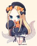  1girl :d abigail_williams_(fate/grand_order) bangs black_bow black_dress black_footwear black_hat blonde_hair bloomers blue_eyes blush bow brown_background bug butterfly chibi commentary_request dress fate/grand_order fate_(series) forehead full_body hair_bow hat insect leaning_forward long_hair long_sleeves looking_at_viewer object_hug open_mouth orange_bow parted_bangs polka_dot polka_dot_bow shoes sleeves_past_fingers sleeves_past_wrists smile solo standing stuffed_animal stuffed_toy suction_cups teddy_bear tentacle underwear very_long_hair white_bloomers yuzuki_gao 