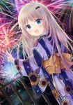  1girl :d aerial_fireworks bangs bat_hair_ornament blue_eyes blush bow commentary_request dutch_angle eyebrows_visible_through_hair fang fireworks floral_print hair_ornament hand_up highres horizon index_finger_raised japanese_clothes kimono light_brown_hair little_busters!! long_hair long_sleeves looking_at_viewer looking_back maruma_(maruma_gic) night night_sky nose_blush noumi_kudryavka obi ocean open_mouth outdoors plaid plaid_bow print_kimono railing reflection sash sky smile solo standing striped sunflower_print vertical-striped_kimono vertical_stripes very_long_hair water wide_sleeves yellow_bow 