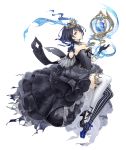  1girl alice_(sinoalice) asymmetrical_legwear black_hair breasts bustier dress full_body gold_trim jewelry ji_no looking_at_viewer mary_janes medium_breasts necklace official_art orb plantar_flexion pocket_watch shoes short_hair sinoalice solo striped striped_legwear thigh-highs tiara torn_clothes transparent_background watch yellow_eyes 