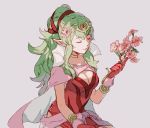  1girl cape chiki circlet closed_eyes dress fire_emblem fire_emblem:_kakusei fire_emblem:_mystery_of_the_emblem flower gloves green_eyes green_hair hair_ornament long_hair mamkute nintendo older pink_dress pink_legwear pointy_ears ponytail rheamii short_dress simple_background solo tiara 