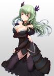  1girl bare_shoulders black_dress black_legwear breast_lift breasts brooch detached_sleeves dress frilled_dress frills green_hair grey_background highres jewelry large_breasts long_hair okina_(805197) sennen_sensou_aigis simple_background smile solo thigh-highs violet_eyes 