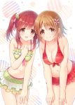  2girls :d bikini bikini_skirt blush breasts brown_eyes cleavage collar collarbone covered_nipples cowboy_shot eyebrows_visible_through_hair flower green_bikini hair_flower hair_ornament hair_ribbon hand_on_lap hands_on_lap idolmaster idolmaster_cinderella_girls leaning_forward long_hair looking_at_viewer medium_breasts mimura_kanako multiple_girls navel ogata_chieri open_mouth pink_flower pink_ribbon polka_dot polka_dot_bikini red_bikini red_skirt ribbon serino_itsuki shiny shiny_hair short_hair side_ponytail skirt smile standing swimsuit white_background white_flower 