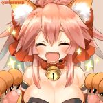  1girl :d ^_^ animal_ear_fluff animal_ears bangs bare_shoulders bell bell_collar blush bow breasts brown_background cleavage closed_eyes closed_eyes collar eyebrows_visible_through_hair facing_viewer fangs fate/grand_order fate_(series) fox_ears gloves hair_between_eyes hair_bow hands_up jingle_bell marshmallow_mille medium_breasts open_mouth paw_gloves paws pink_hair red_bow red_collar sidelocks simple_background smile solo sparkle strapless tamamo_(fate)_(all) tamamo_cat_(fate) twitter_username 