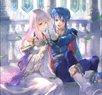  1boy 1girl armor blue_eyes blue_hair bomssp brother_and_sister cape celice_(fire_emblem) circlet dress fire_emblem fire_emblem:_genealogy_of_the_holy_war fire_emblem:_seisen_no_keifu fire_emblem_4 gloves headband highres intelligent_systems jewelry julia_(fire_emblem) lavender_hair long_hair nintendo open_mouth ponytail purple_hair seliph_(fire_emblem) siblings smile very_long_hair violet_eyes yuria_(fire_emblem) 