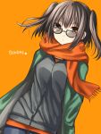  1girl bangs brown_eyes brown_hair casual character_name commentary dutch_angle fringe_trim green_jacket hakusai_ponzu jacket kantai_collection long_sleeves looking_at_viewer looking_over_eyewear medium_hair orange_background orange_scarf scarf sendai_(kantai_collection) simple_background solo star sunglasses sweater two_side_up 