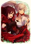  2girls :d blue_eyes breasts brown_eyes brown_hair cape collar corset eyebrows_visible_through_hair floating_hair flower hair_between_eyes high_ponytail holding holding_weapon jewelry long_hair long_sleeves looking_at_viewer multiple_girls necklace open_mouth red_cape red_flower red_rose rose ruby_rose rwby scar scar_across_eye short_hair silver_hair small_breasts smile solo very_long_hair weapon weiss_schnee yude 