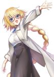  1girl :d absurdres bangs belt black-framed_eyewear black_skirt blonde_hair blue blue_eyes blush braid braided_ponytail coat eyebrows_visible_through_hair eyes fate/grand_order fate_(series) glasses grey_coat highres jeanne_d&#039;arc_(fate) jeanne_d&#039;arc_(fate)_(all) kujuu_shikuro long_hair long_skirt open_clothes open_coat open_mouth outstretched_arm ponytail shirt simple_background single_braid skirt smile solo very_long_hair white_background white_shirt 