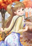  1girl autumn autumn_leaves bag blush bow breasts brown_hair day eyebrows_visible_through_hair green_eyes hair_bow handbag idolmaster idolmaster_cinderella_girls large_breasts long_hair long_sleeves makihara_shiho one_eye_closed outdoors road smile solo tamakaga tree white_bow 