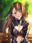  1girl 8rk9 ;d absurdres beatrix_(granblue_fantasy) blurry blurry_background breasts brown_eyes brown_hair cleavage day floating_hair granblue_fantasy head_tilt highres long_hair medium_breasts midriff navel one_eye_closed open_mouth outdoors smile solo stomach upper_body 