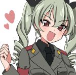  1girl anchovy anzio_military_uniform bangs belt black_neckwear black_ribbon black_shirt clenched_hand commentary dress_shirt drill_hair girls_und_panzer green_hair grey_jacket hair_ribbon heart jacket long_hair long_sleeves looking_at_viewer military military_uniform necktie open_mouth portrait red_eyes ribbon ruruepa sam_browne_belt shirt simple_background smirk solo twin_drills twintails uniform v-shaped_eyebrows white_background wing_collar 