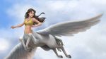  1girl blue_eyes brown_hair centaur clouds cloudy_sky commission commissioner_upload crop_top demisir flying from_below jewelry necklace original pegasus sky smile solo wallpaper white_fur white_wings wings 