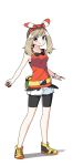  1girl belt bike_shorts black_shorts blue_eyes bow bracelet brown_hair creatures_(company) eyebrows_visible_through_hair full_body game_freak hair_bow hairband haruka_(pokemon) highres holding holding_poke_ball jewelry long_hair looking_at_viewer nintendo poke_ball pokemon pokemon_(game) pokemon_oras red_hairband red_shirt shiny shiny_hair shirt short_shorts shorts shorts_under_shorts simple_background sleeveless sleeveless_shirt smile solo standing striped striped_bow white_background white_shorts yuihiko 