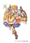  1girl :d bird brown_footwear company_name dmm full_body fur_trim hand_up hands_up hat hat_ornament looking_at_viewer mataichi_mataro medium_hair official_art open_mouth orange_hat simple_background skirt smile solo standing standing_on_one_leg tassel violet_eyes white_background white_skirt wings wristband yuba_no_shirushi 
