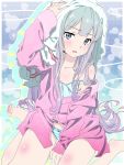  1girl barefoot blue_bow blue_eyes blush bow bow_panties collarbone eromanga_sensei eyebrows_visible_through_hair flat_chest gradient_hair highres izumi_sagiri long_sleeves looking_at_viewer multicolored_hair off_shoulder open_clothes open_mouth open_shirt panties pink_hair pink_shirt pink_x print_shirt shiny shiny_hair shirt silver_hair sitting solo striped striped_panties towel towel_on_head two-tone_hair underwear wariza white_towel 