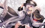  .com_(cu_105) 1girl adjusting_headwear aiguillette armband baggy_clothes bangs belt black_hat black_skirt blush boots breasts buckle cleavage cross_choker double-breasted dress eyebrows_visible_through_hair floating_hair fur-trimmed_cloak fur_trim girls_frontline hair_between_eyes hat iron_cross jacket_on_shoulders kar98k_(girls_frontline) long_hair looking_at_viewer military military_uniform open_mouth peaked_cap red_eyes silver_hair skirt solo thigh-highs thigh_boots uniform very_long_hair 