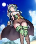  1girl arrow belt black_bow black_cape black_gloves blue_sky boots bow brown_footwear brown_hoodie brown_shorts cape clouds day elf from_below gloves goblin_slayer! green_eyes green_hair green_legwear hair_bow high_elf_archer_(goblin_slayer!) hood long_hair looking_at_viewer outdoors pointy_ears ryuinu shorts sky smile solo standing sun thigh-highs 