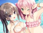 2girls :d ;o arm_up armpits bangle bangs bare_arms bare_shoulders bikini blue_sky blush bow bracelet breasts brown_eyes brown_hair cleavage clouds commentary_request dated day dutch_angle eyebrows_visible_through_hair fingernails front-tie_top green_eyes hair_between_eyes hair_bow high_ponytail hoshi_(snacherubi) jewelry long_hair medium_breasts multiple_girls ocean one_eye_closed open_mouth original outdoors parted_lips pink_bikini pink_hair red_bow signature sky small_breasts smile swimsuit upper_body water white_bikini 