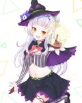  1girl breasts brown_gloves capelet crop_top gloves hair_bun hair_ornament hat highres hololive lavender_hair leg_up long_hair looking_at_viewer magic_circle midriff murasaki_shion navel open_mouth pointing pointing_at_viewer simple_background small_breasts solo witch_hat 