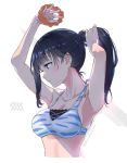  1girl adjusting_hair armpits bangs bare_shoulders bikini black_hair blue_eyes collarbone highres orange_scrunchie profile scrunchie shiitake_urimo simple_background solo ssss.gridman swimsuit takarada_rikka twitter_username 