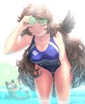  1girl backlighting bare_arms bare_legs bare_shoulders blank_eyes blue_swimsuit breasts brown_hair cat cleavage closed_eyes closed_mouth collarbone commentary_request competition_swimsuit covered_nipples cowboy_shot day dripping eyelashes fang goggles goggles_on_head hand_on_goggles hand_on_own_knee hand_up highres leaning_forward long_hair looking_at_another medium_breasts one-piece_swimsuit open_mouth outdoors reiuji_utsuho sidelocks smile solo_focus standing swimsuit touhou very_long_hair wading water wet wet_clothes wet_face wet_hair wet_swimsuit yonaki 