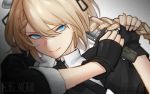  1girl bangs black_gloves blonde_hair blue_eyes braid character_name closed_mouth collared_shirt combat_knife cropped_jacket cutting_hair dress eyebrows_visible_through_hair fingerless_gloves g36_(girls_frontline) girls_frontline gloves hair_between_eyes holding holding_hair holding_knife knife long_hair looking_at_viewer maid maid_headdress mod3_(girls_frontline) shirt sidelocks simple_background solo ten_cws tsurime upper_body weapon white_shirt 