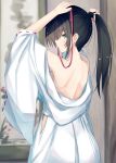  1girl arms_up back bangs bare_shoulders black_hair blurry blurry_background commentary cowboy_shot eyebrows_visible_through_hair from_behind green_eyes hair_between_eyes hairdressing high_ponytail highres hip_vent japanese_clothes kavka kimono long_hair long_sleeves looking_at_viewer looking_back mouth_hold off_shoulder open_clothes open_kimono original ribbon-trimmed_sleeves ribbon_trim shoulder_blades solo tying_hair white_kimono wide_sleeves 