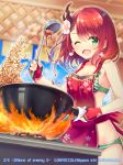  1girl ;d apron bikini cooking copyright_name eyebrows_visible_through_hair fingerless_gloves fire floral_print flower food gloves green_eyes hair_flower hair_ornament highres index_finger_raised nattou one_eye_closed open_mouth print_apron red_apron red_bikini red_gloves redhead serino_itsuki shiny shiny_hair smile solo standing striped striped_bikini swimsuit white_flower z/x 