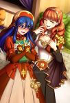  2girls absurdres adricarra armor blue_eyes blue_hair blush cape celica_(fire_emblem) dress fingerless_gloves fire_emblem fire_emblem:_fuuin_no_tsurugi fire_emblem_echoes:_mou_hitori_no_eiyuuou fire_emblem_gaiden fire_emblem_heroes gloves hat headband highres intelligent_systems jewelry lilina long_hair multiple_girls nintendo open_mouth redhead smile tiara 