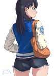  1girl ass back bag bangs black_hair blue_eyes blue_jacket blush casual commentary_request denim denim_shorts eyebrows_visible_through_hair from_behind gluteal_fold hands_in_pockets jacket letterman_jacket long_hair long_sleeves short_shorts shorts shoulder_bag signature simple_background solo ssss.gridman standing suna takarada_rikka white_background 