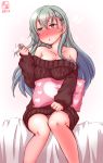  1girl aqua_eyes aqua_hair artist_logo bare_shoulders bed blush brown_sweater collarbone commentary_request dated feet_out_of_frame hair_ornament hairclip heart highres kanon_(kurogane_knights) kantai_collection long_hair looking_to_the_side nose_blush off-shoulder_sweater panties pantyshot pillow playing_with_hair purple_panties simple_background sitting solo suzuya_(kantai_collection) sweater underwear white_background 