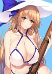  1girl bangs bikini blue_background blue_ribbon blue_sky bow breasts brown_hair cleavage commentary_request curvy eyebrows_visible_through_hair firearm girls_frontline gun hair_between_eyes hat hat_bow hat_ribbon holding huge_breasts long_hair looking_at_viewer m1903_springfield m1903_springfield_(girls_frontline) minamon_(vittel221) o-ring o-ring_bikini o-ring_bottom o-ring_top outdoors ribbon rifle sidelocks sky smile solo sun_hat swimsuit weapon white_bikini wide_hips yellow_eyes 