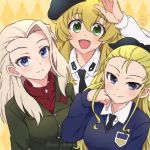  3girls :d anzio_school_uniform arm_up artist_name assam bangs beret black_hat black_neckwear black_ribbon blonde_hair blue_eyes blue_sweater carpaccio clara_(girls_und_panzer) closed_mouth color_connection dress_shirt emblem eyebrows_visible_through_hair girls_und_panzer green_eyes green_jacket hair_color_connection hair_pulled_back hair_ribbon hand_on_own_face hat jacket kari_okome long_hair long_sleeves looking_at_viewer multiple_girls necktie open_mouth red_shirt ribbon school_uniform shirt signature smile st._gloriana&#039;s_school_uniform standing sweater turtleneck twitter_username upper_body v-neck white_shirt wing_collar yellow_background 