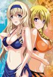  2girls back-to-back bikini blonde_hair blue_eyes blush braid breasts cecilia_alcott charlotte_dunois embarrassed hatoya_mameshichi infinite_stratos large_breasts long_hair looking_at_viewer multiple_girls smile swimsuit violet_eyes wavy_hair 