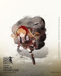 1girl ankle_boots bangs beret black_ribbon black_skirt blonde_hair blouse blush boots breasts bridal_gauntlets brown_dress brown_gloves brown_legwear character_name cloak collared_blouse corset cropped_blouse dress embroidery explosion eyebrows_visible_through_hair floating_hair full_body garter_straps girls_frontline gloves gun hair_ribbon hands_up hat highres logo long_hair mana_(418208360) medium_breasts mod3_(girls_frontline) neck_ribbon official_art puffy_short_sleeves puffy_sleeves red_cloak red_footwear red_hat ribbon running short_sleeves side_cutout skindentation skirt solo sten_gun sten_mk2_(girls_frontline) strapless strapless_dress submachine_gun tearing_up thigh-highs thighs torn_cloths twintails weapon white_blouse 