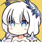  1girl ahoge azur_lane bangs bare_shoulders blue_eyes blush braid closed_mouth collarbone commentary_request eyebrows_behind_hair hair_between_eyes hair_ornament headgear illustrious_(azur_lane) long_hair nagato-chan portrait silver_hair simple_background smile solo yellow_background 