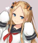  1girl abigail_williams_(fate/grand_order) alternate_costume bangs bao_(s_888) black_bow black_sailor_collar blonde_hair blue_eyes blush bow closed_mouth commentary_request eyebrows_visible_through_hair fate/grand_order fate_(series) forehead grey_background hair_bow hands_up heart highres long_hair long_sleeves neckerchief orange_bow parted_bangs polka_dot polka_dot_bow red_neckwear sailor_collar school_uniform serafuku simple_background sleeves_past_fingers sleeves_past_wrists smile solo upper_body 